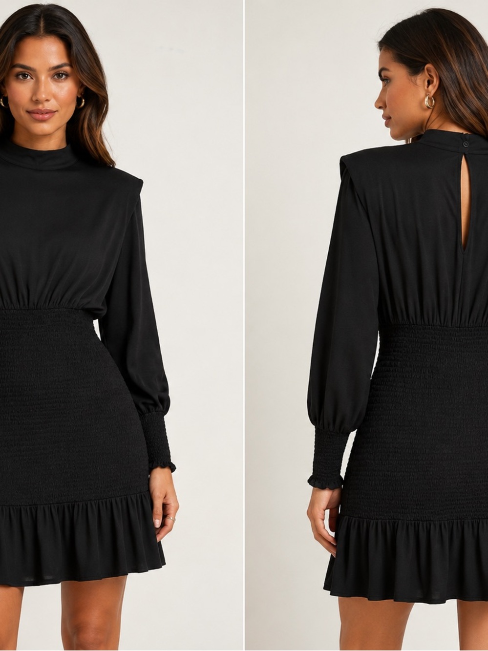 FARM Rio Black Smocked-Waist Mini Dress with Keyhole Neck